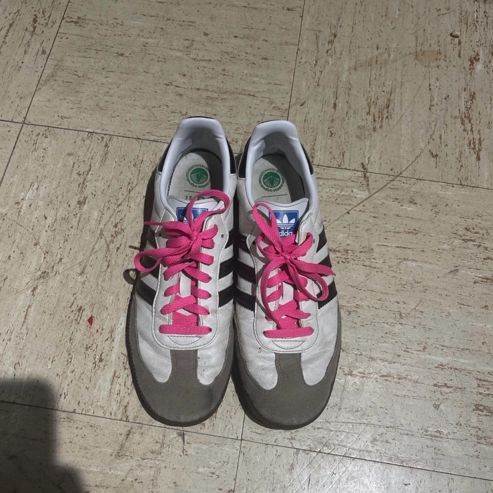 Adidas White Sneakers with Pink Laces